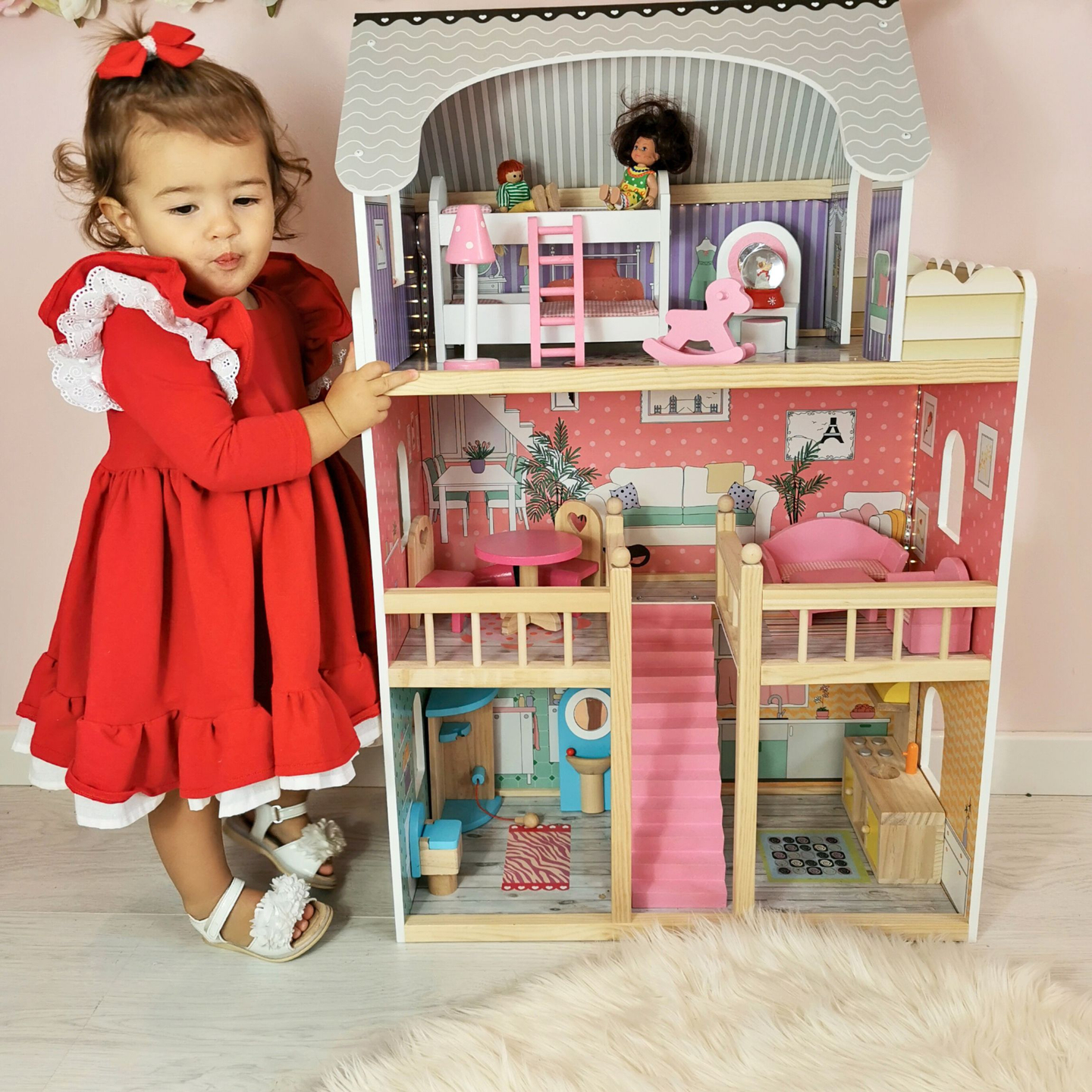 Grande casa de bonecas de madeira de 3 andares com terraço, conjunto de móveis e iluminação LED!