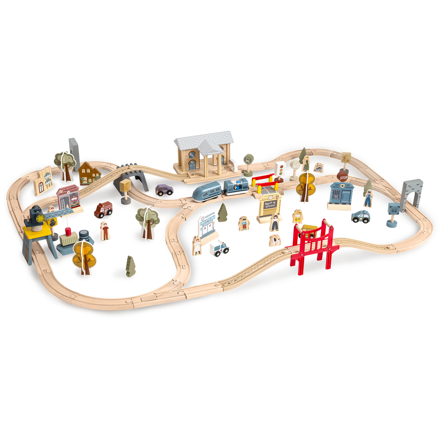 Ferrovia urbana de madeira com trem elétrico - guindaste móvel, navio, pontes