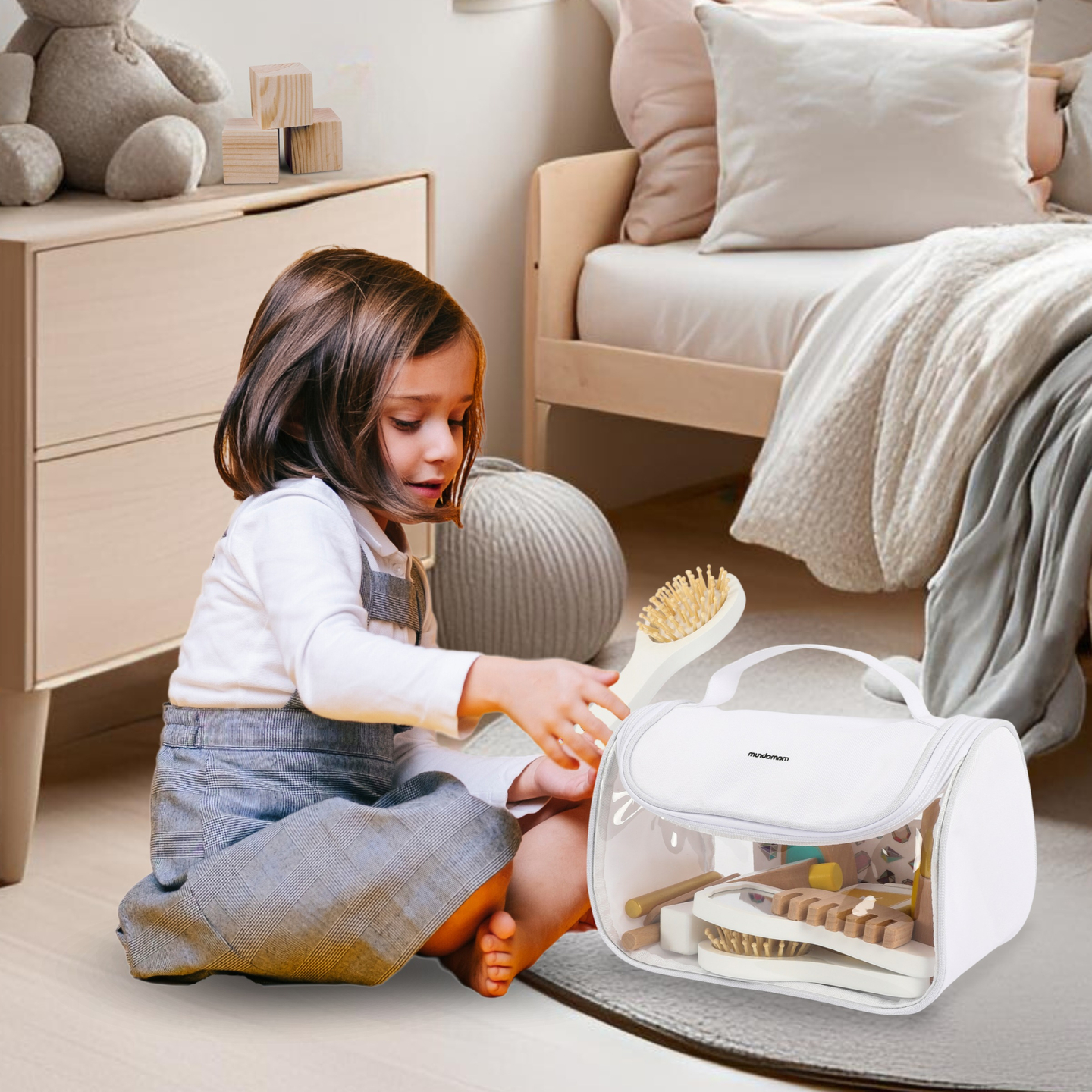 Conjunto de maquilhagem para crianças - bolsa de maquilhagem + acessórios de madeira, 15 peças