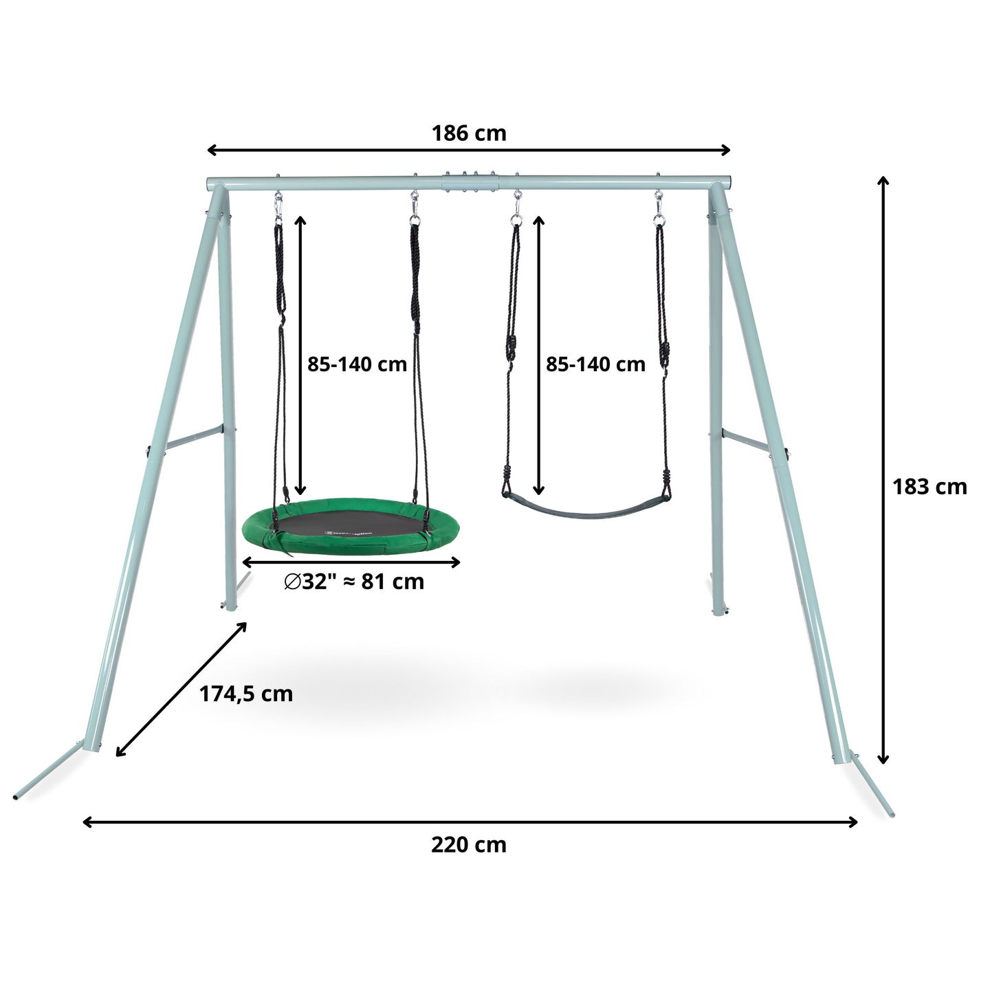 Balanço duplo de jardim com estrutura e cordas - assento e ninho de cegonha