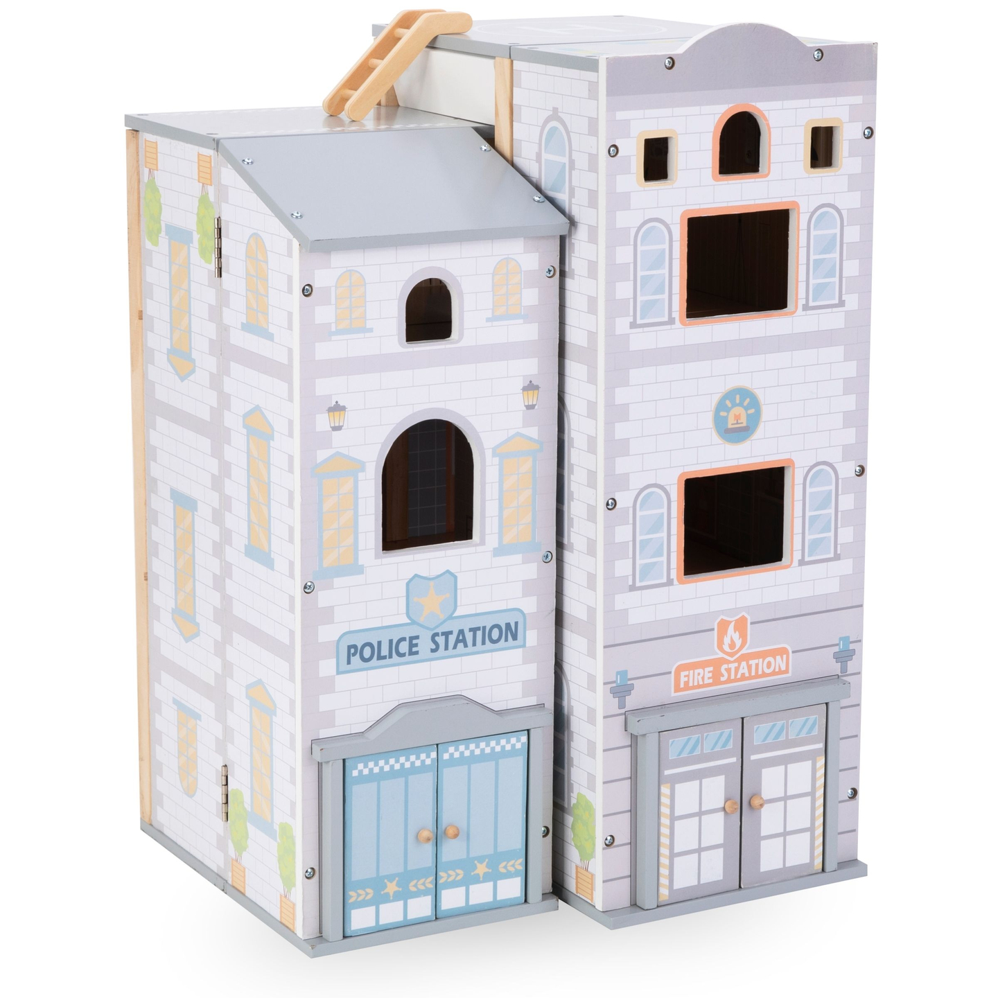 Grande corpo de bombeiros dobrável com delegacia - conjunto de madeira. Corpo de bombeiros e delegacia com acessórios.