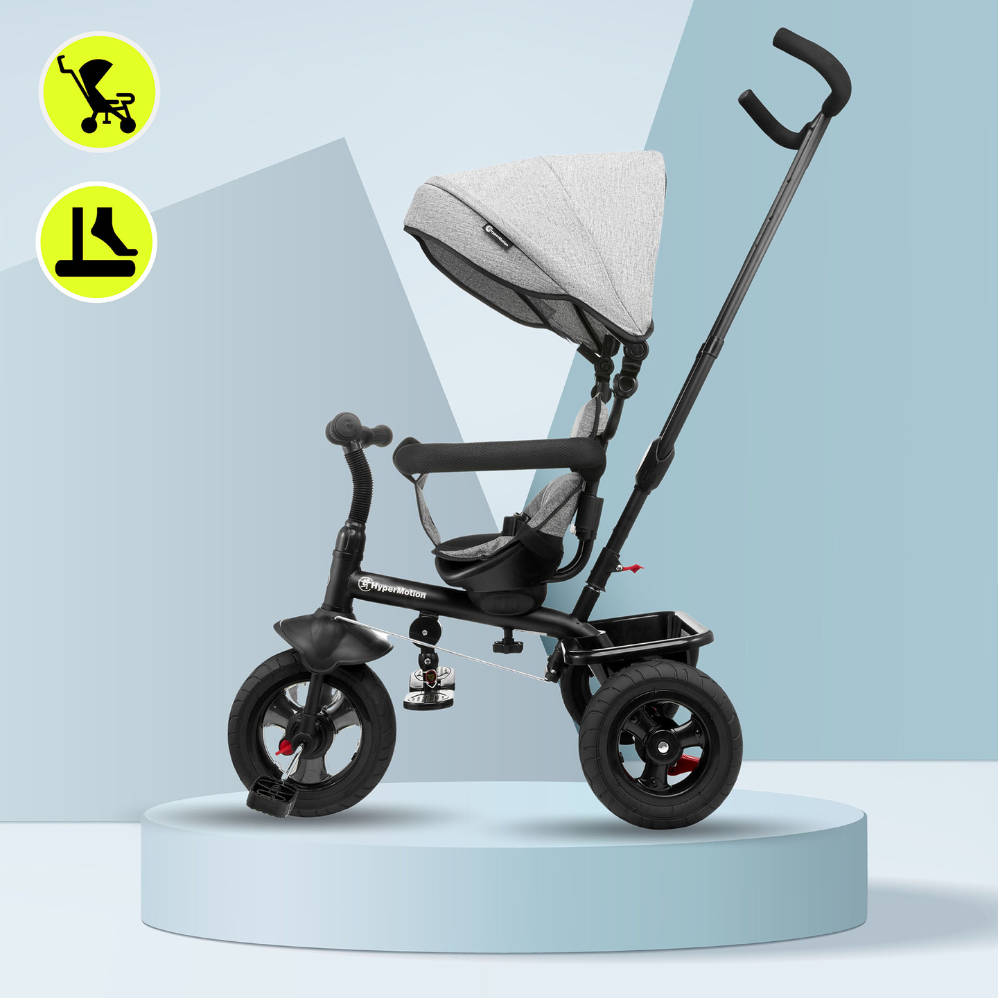 Triciclo para crianças de 1 a 4 anos - TOBI FREY - cor cinza - giratório - rodas infláveis + empurrador