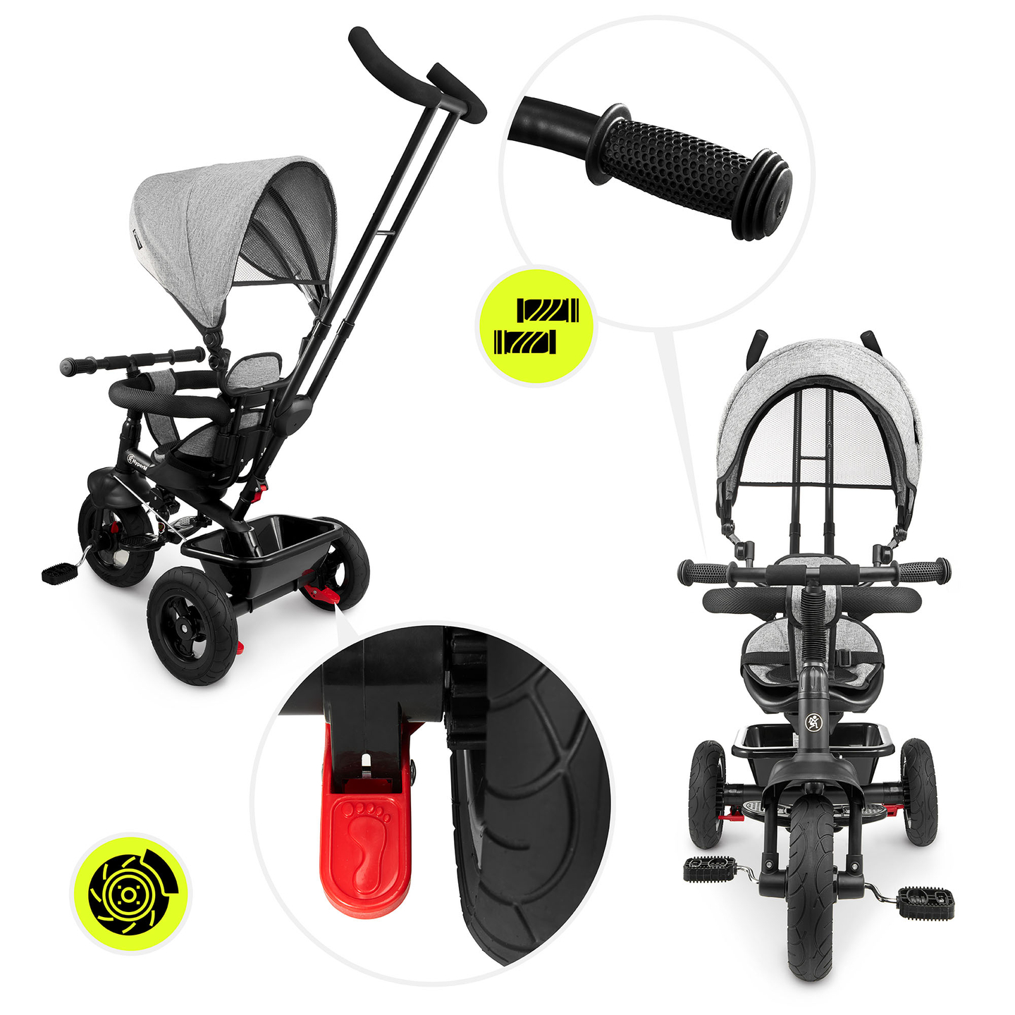 Triciclo para crianças de 1 a 4 anos - TOBI FREY - cor cinza - giratório - rodas infláveis + empurrador