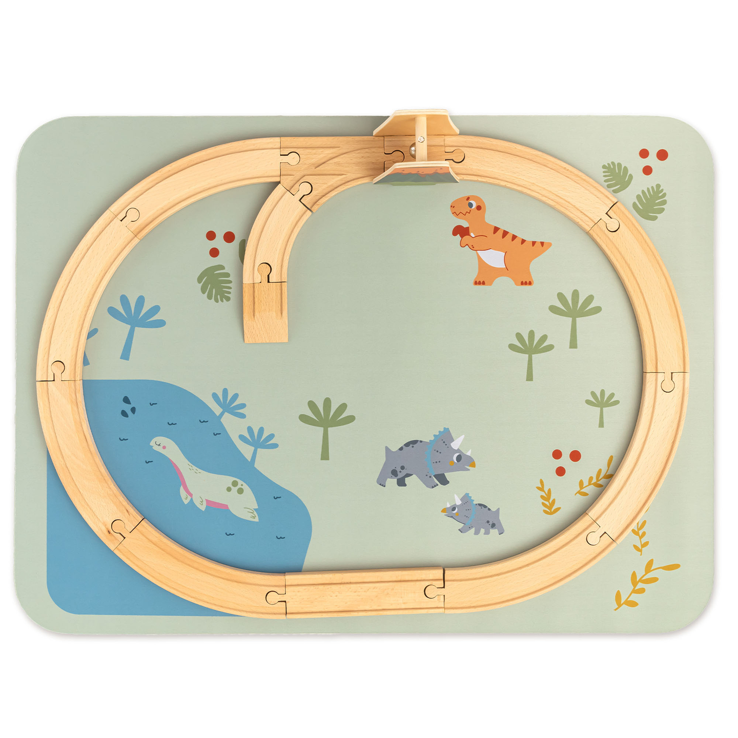 Trem de madeira Dino Park com tapete antiderrapante - dinossauros, trem, trilhos, vulcão, sino