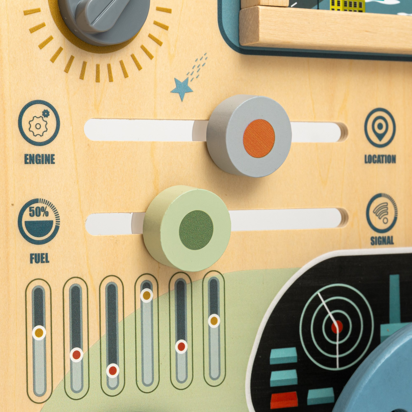 Tábua Montessori de madeira 2 em 1 Cockpit para o Pequeno Motorista e Piloto – volante, câmbio, mapas de viagem, radar