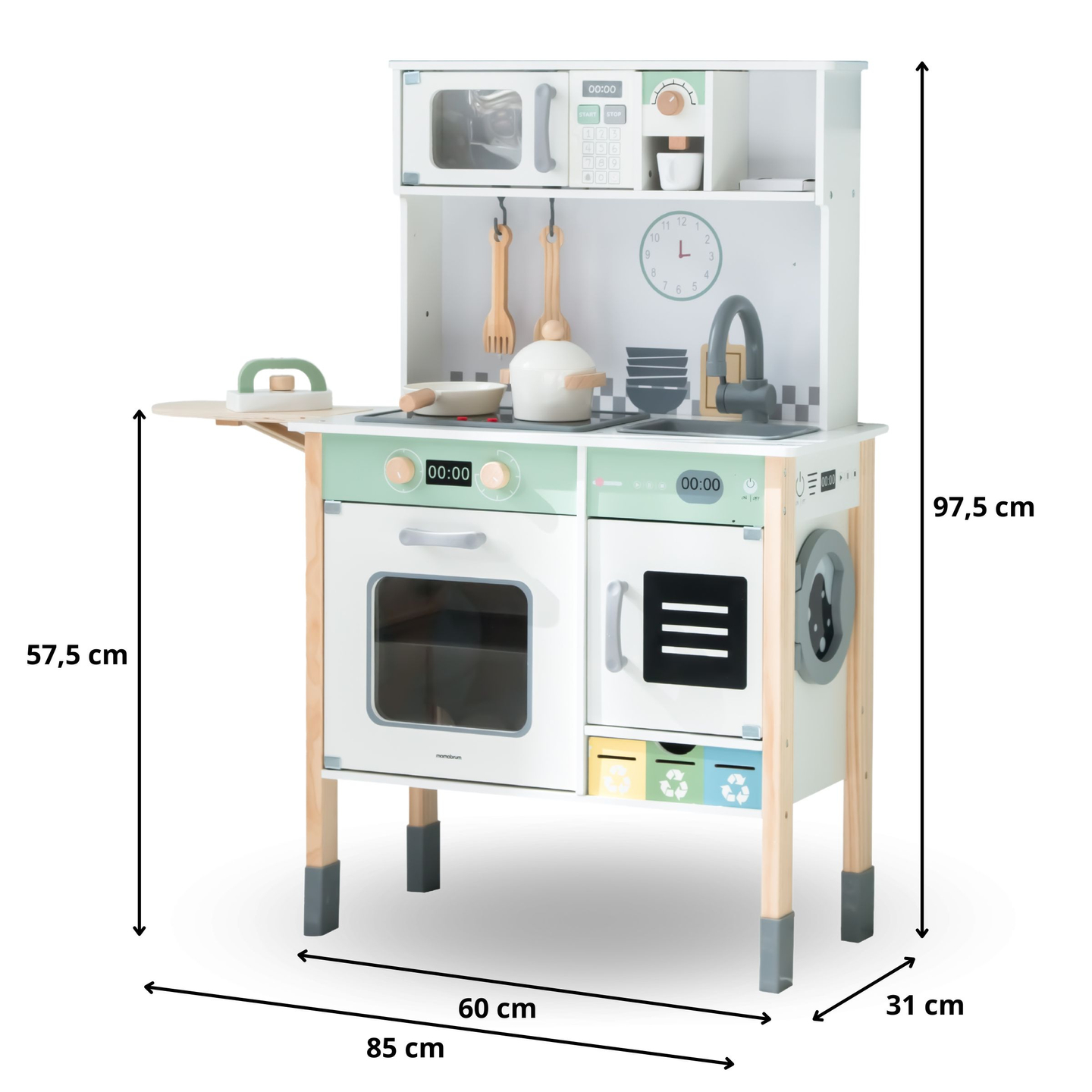 Cozinha interactiva com máquina de lavar roupa, máquina de lavar louça e quadro de giz