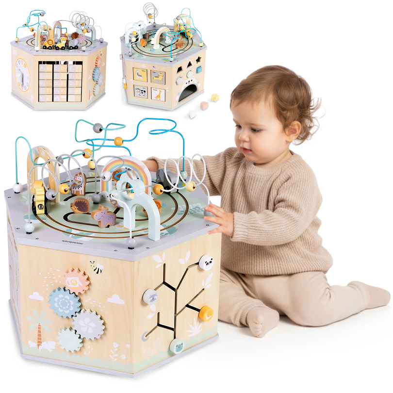 Grande cubo educacional de madeira - um brinquedo Montessori com um trem magnético e laços de motor
