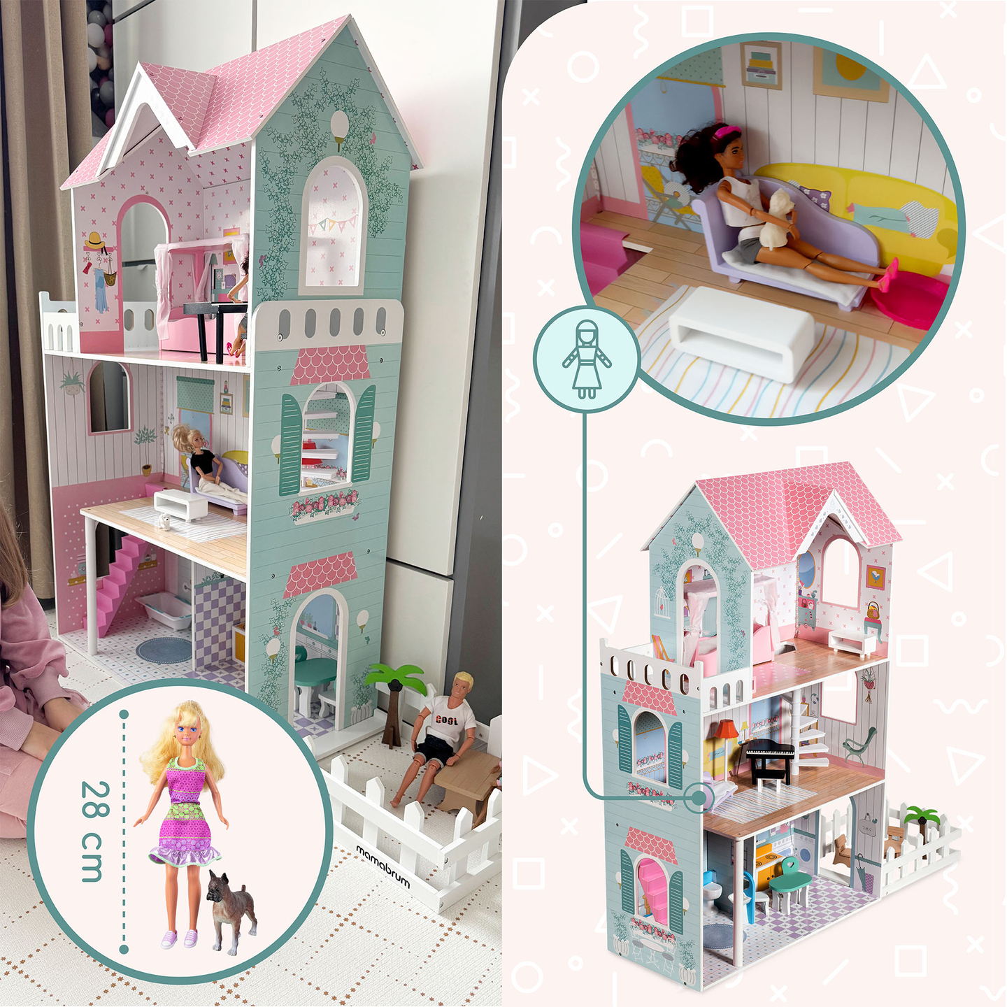 XXL A maior casa de bonecas de madeira - 123 cm - iluminada por LED - terraço, acessórios, jardim