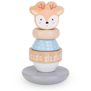 Um conjunto de brinquedos de madeira - um entrelaçado colorido, uma pirâmide de cervos, um classificador de pinguins