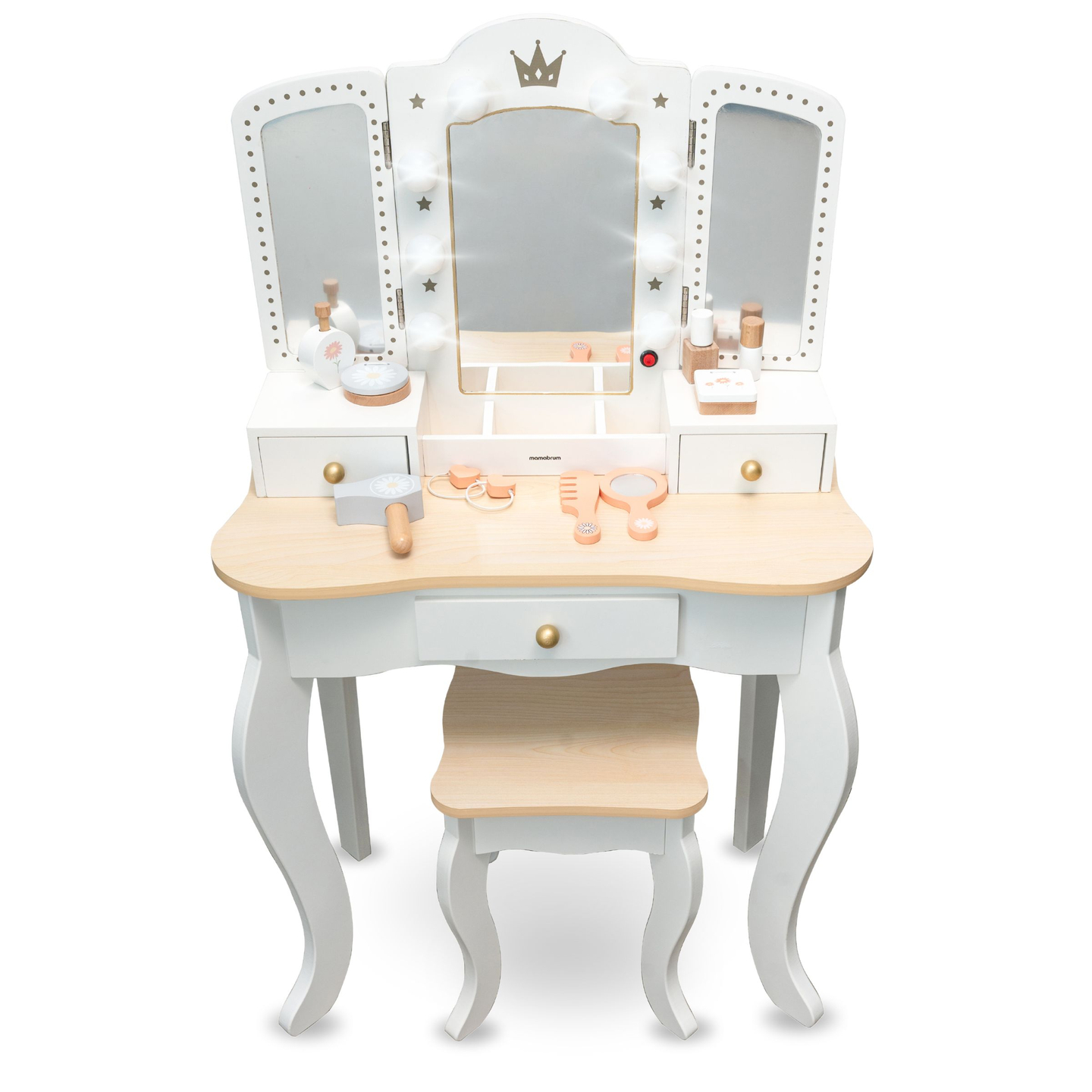 Penteadeira de madeira XXL com banco e iluminação LED para crianças + acessórios