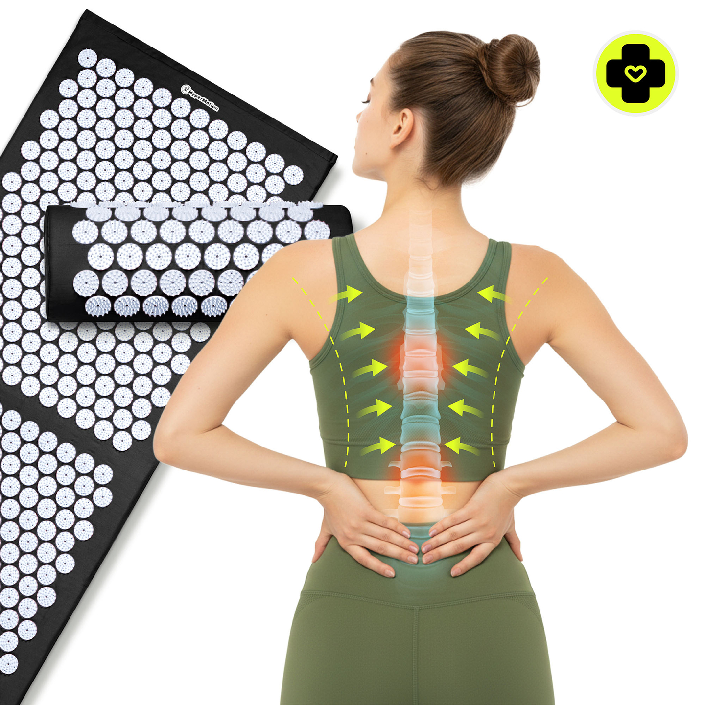 Tapete de acupressão grande com almofada e capa - 130 cm HyperMotion preto e branco