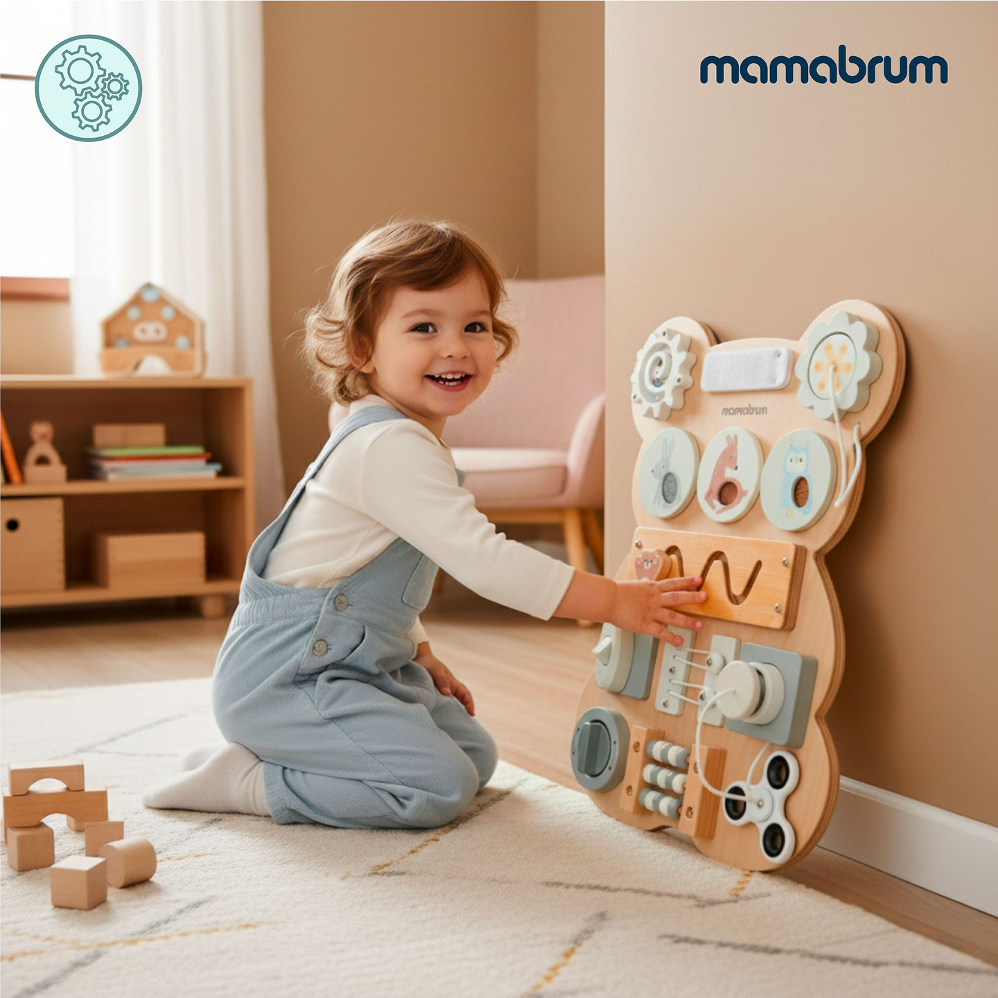 Quadro de atividades Montessori de madeira com ursinho de pelúcia - aprendizagem sensorial da independência: velcro, plugue, labirinto, botão com clique.