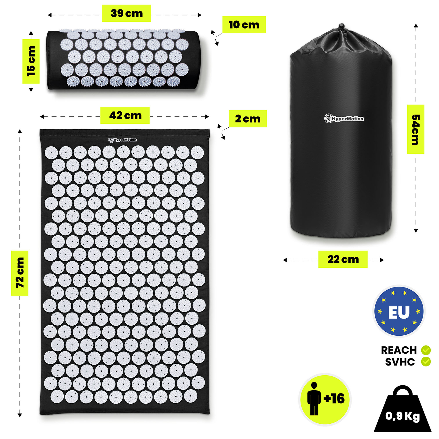 Tapete de acupressão com almofada e capa - 72 cm HyperMotion preto e branco