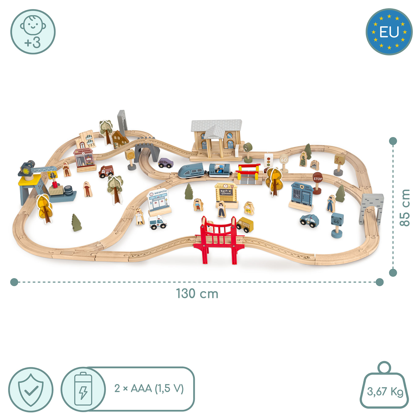 Ferrovia urbana de madeira com trem elétrico - guindaste móvel, navio, pontes