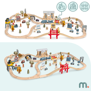 Ferrovia urbana de madeira com trem elétrico - guindaste móvel, navio, pontes