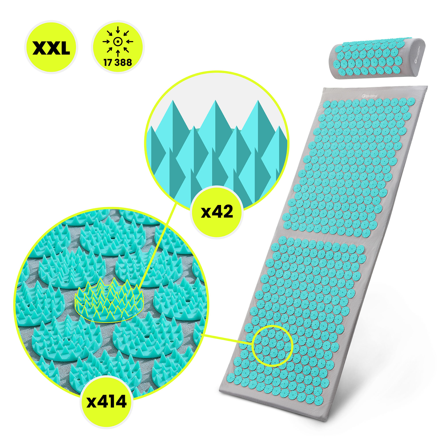 Tapete de acupressão grande com almofada e capa - 130 cm HyperMotion cinza-menta