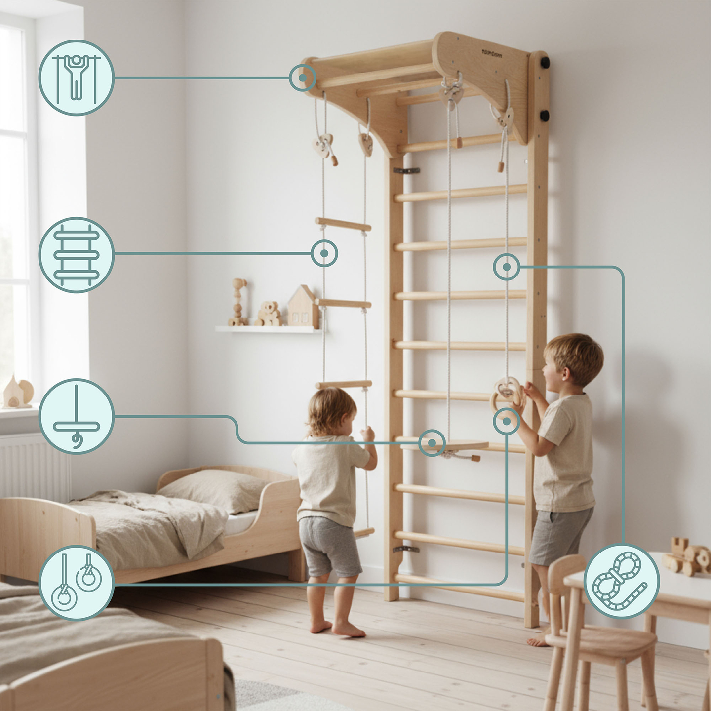 Escada de ginástica de madeira para crianças com acessórios - um balanço de prato, argolas de ginástica e uma escada de corda