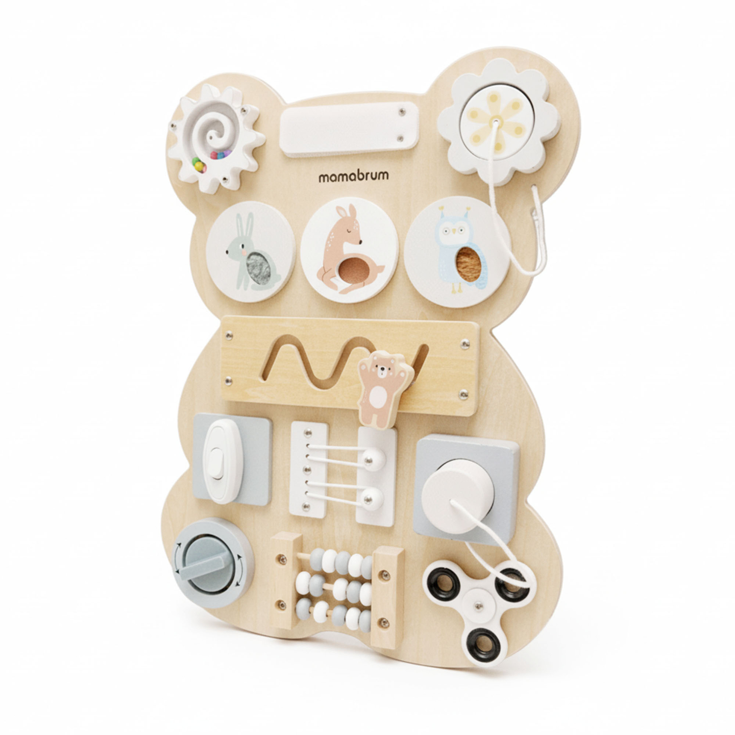 Quadro de atividades Montessori de madeira com ursinho de pelúcia - aprendizagem sensorial da independência: velcro, plugue, labirinto, botão com clique.