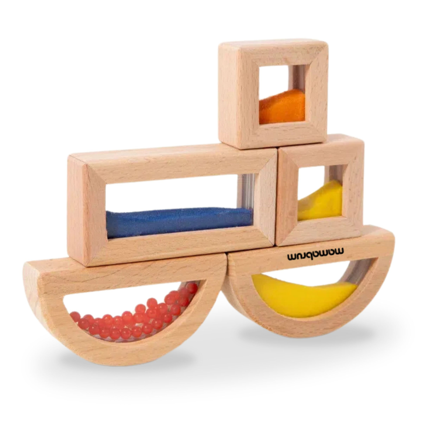 Conjunto de blocos sensoriais de madeira com diferentes recheios - 15 peças