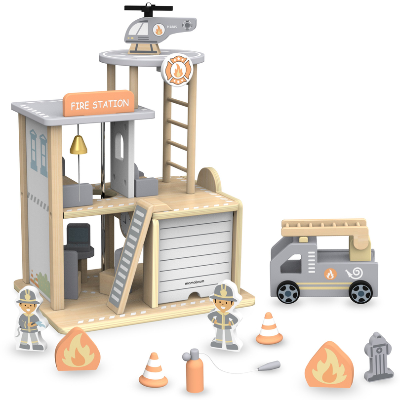 Quartel de bombeiros de madeira com acessórios, quartel de bombeiros