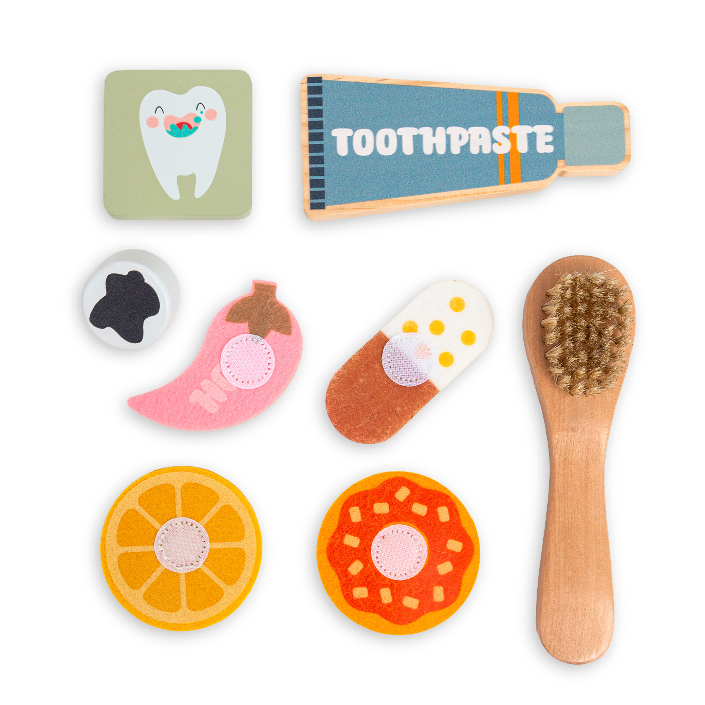 Quadro Educacional Montessori de Madeira Pequeno Dentista - escova de dentes, pasta de dentes, dentes removíveis, espelho, comida, sabores de aprendizagem