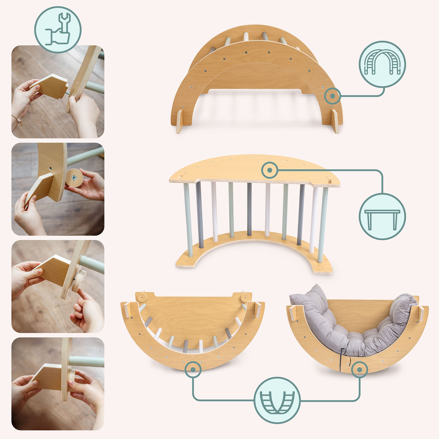 Parque infantil coberto de madeira - parede de escalada, escorregador, arco de escalada/balanço e triângulo de Pikler