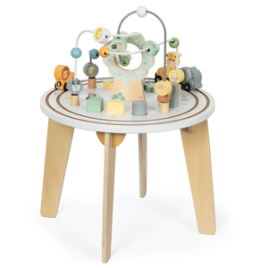 Mesa educacional redonda de madeira com trem magnético e lançador de contas