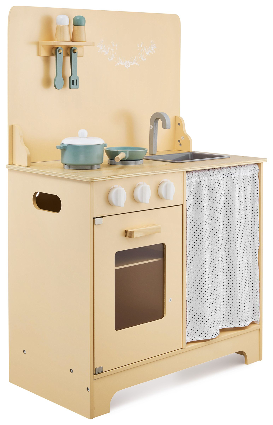 Cozinha de madeira com avental, acessórios e iluminação LED