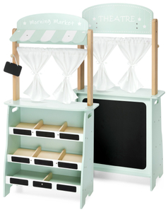 Grande loja de madeira - barraca e teatro 2 em 1 com balança, terminal de pagamento, legumes e frutas