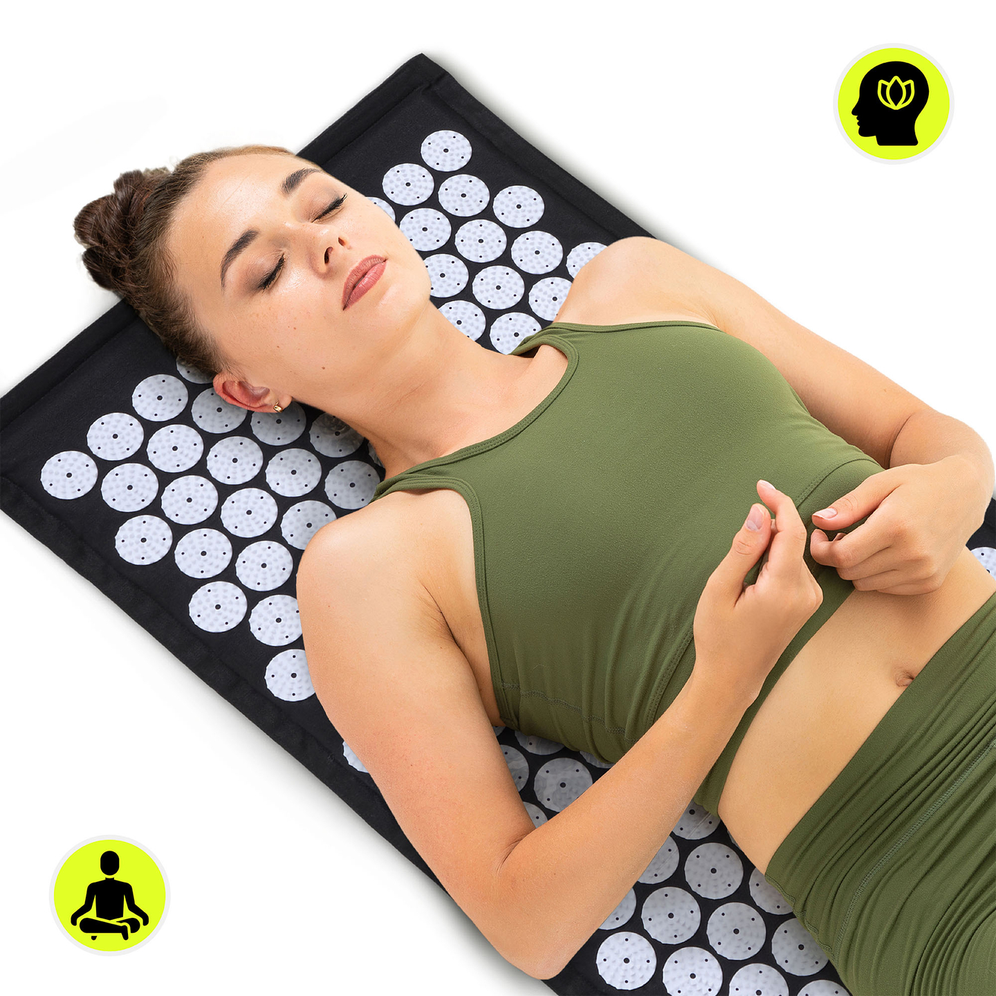 Tapete de acupressão em linho ecológico com fibra de coco e almofada de trigo sarraceno – 68 cm HyperMotion Preto e Branco