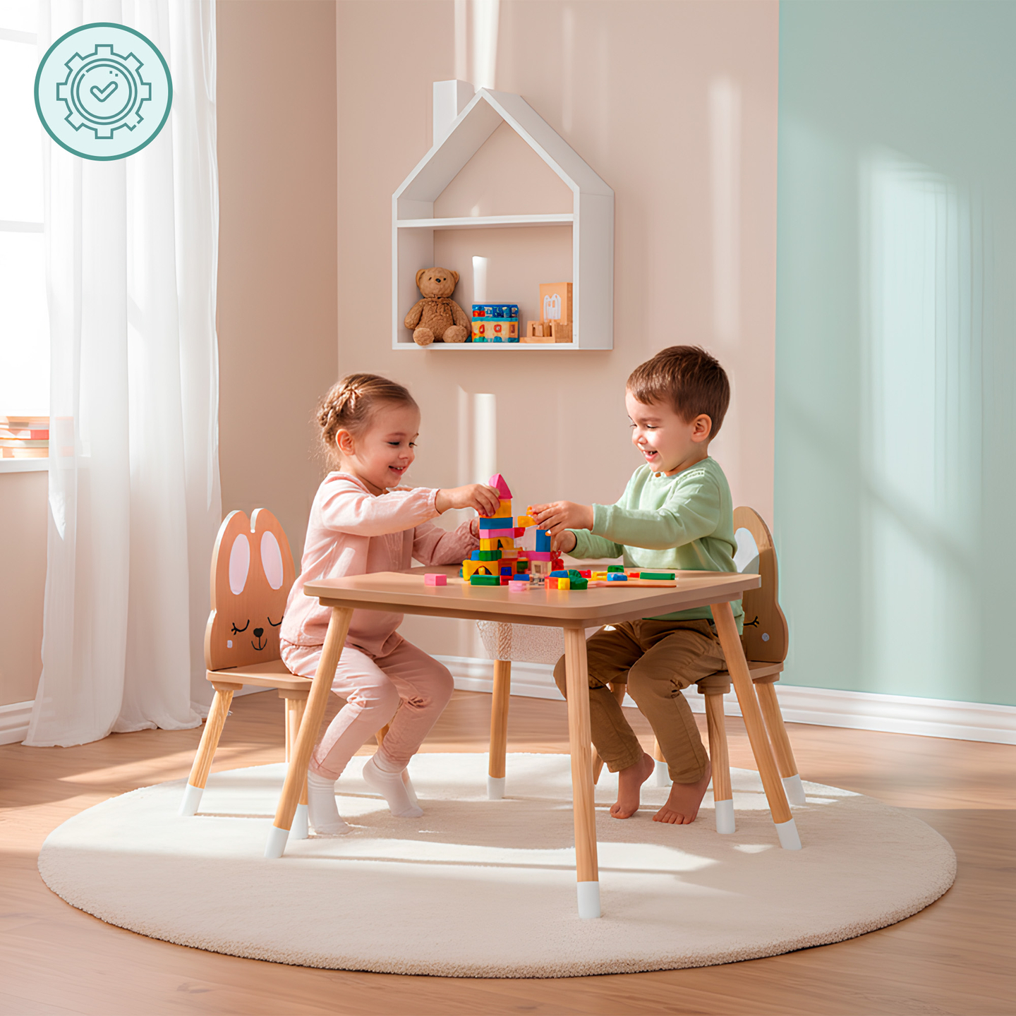 Mesa de madeira com arrumação e 2 cadeiras Conjunto infantil - Cute Rabbit