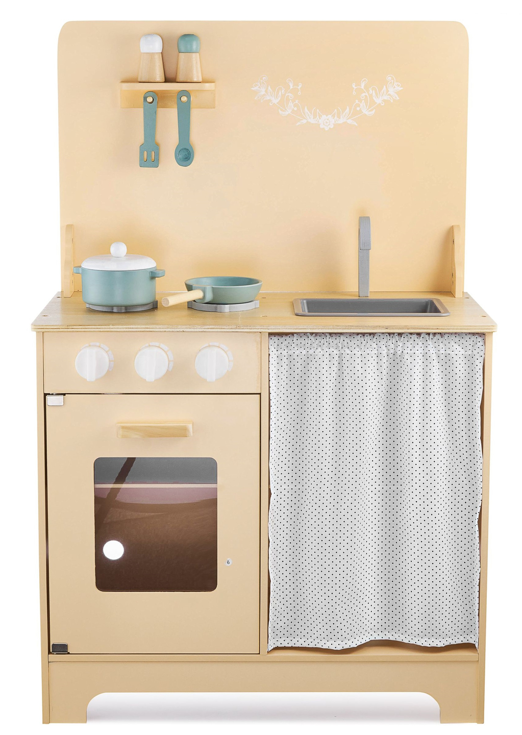 Cozinha de madeira com avental, acessórios e iluminação LED