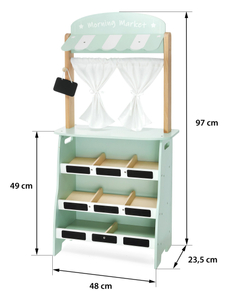 Grande loja de madeira - barraca e teatro 2 em 1 com balança, terminal de pagamento, legumes e frutas