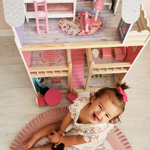 Grande casa de bonecas de madeira de 3 andares com terraço, conjunto de móveis e iluminação LED!