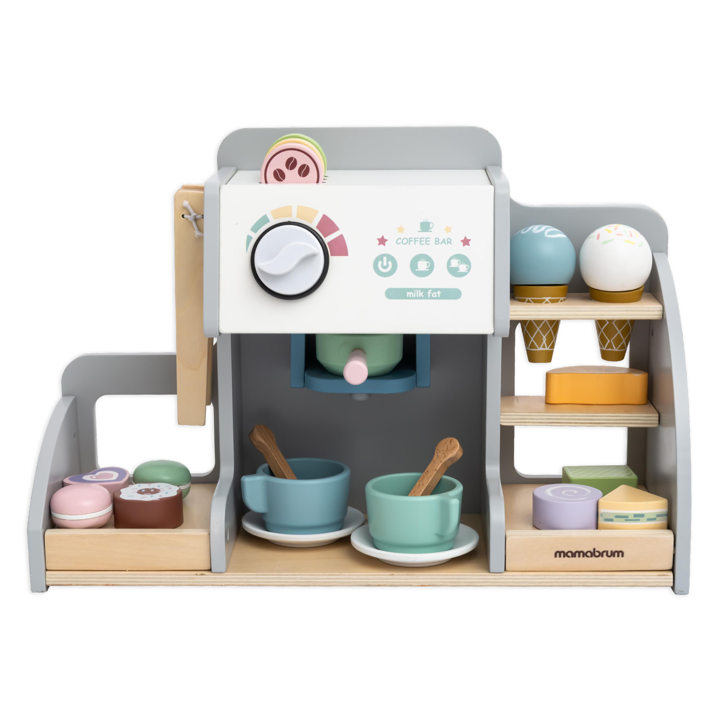 Uma grande gelataria de madeira com quadro magnético, máquina de café e conjunto de gelados e sobremesas - mais de 70 peças!