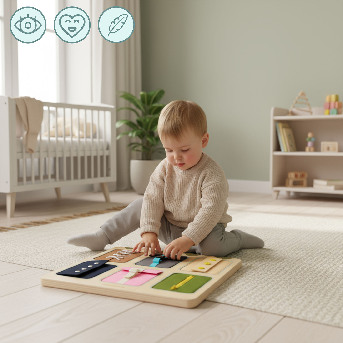 Quadro de atividades Montessori de madeira – Aprendizagem sensorial da independência – cadarços, fivelas, botões, fechos de pressão, zíper