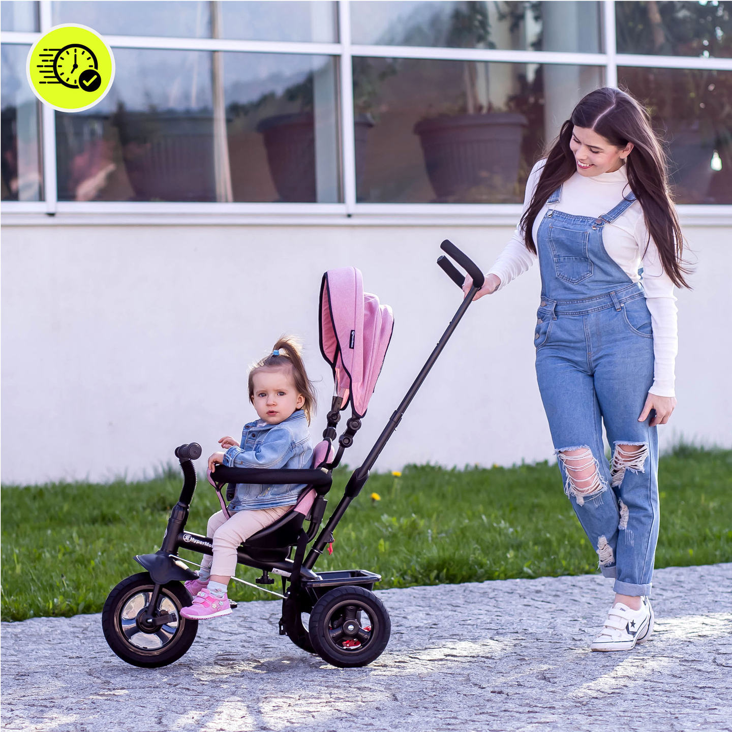 Triciclo para crianças de 1 a 4 anos - TOBI FREY - rosa - giratório - rodas infláveis + empurrador